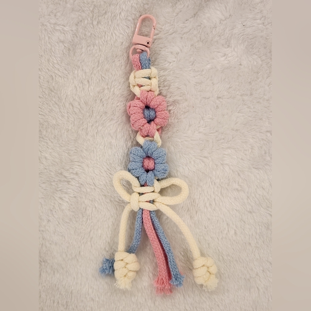 Floral Macrame Keychain with Pink and Blue Accents Bag Charm Purse Charm